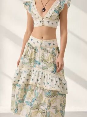 Urban Outfitters Cream Butterfly Tiered Skirt Set - Blue & Green
